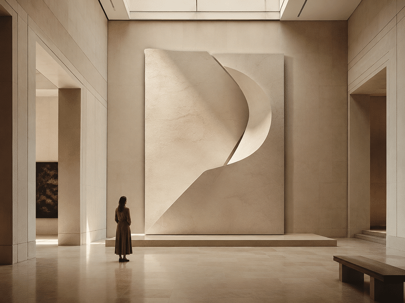 Visitor in a gallery hall facing a large abstract sculptural panel