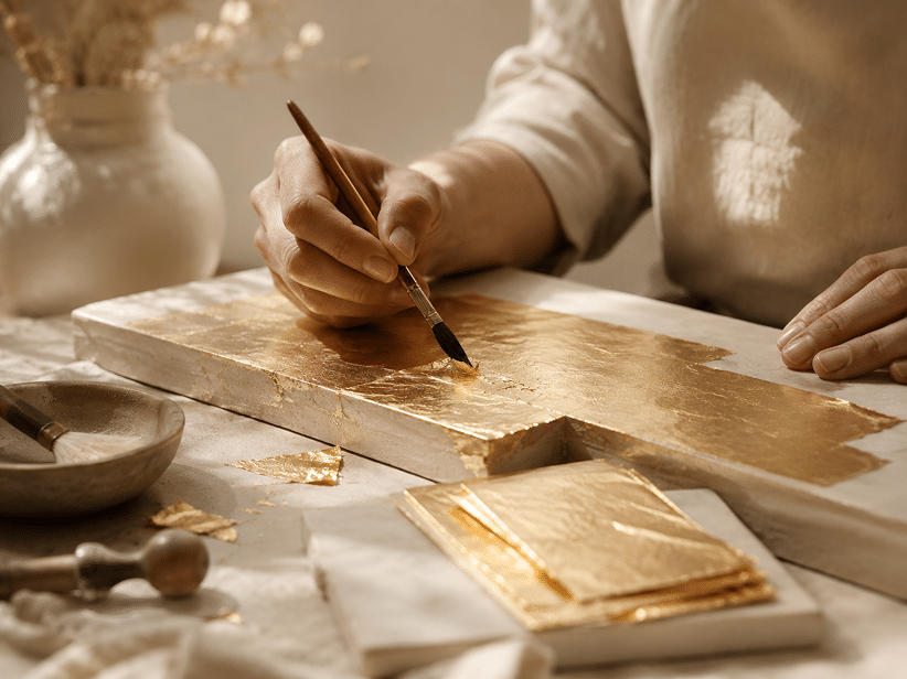 Hands applying gold leaf with a brush to a wooden panel