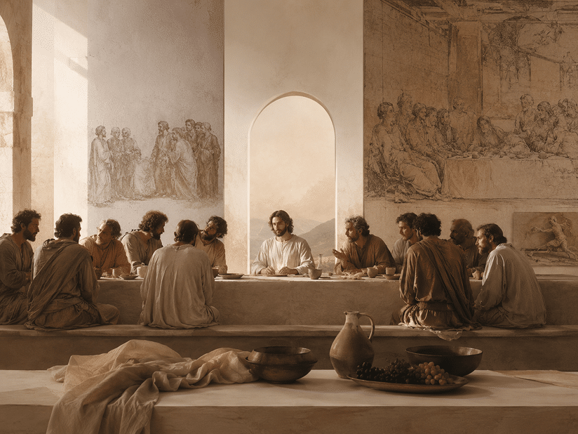 The Last Supper scene with disciples around a long table in soft light