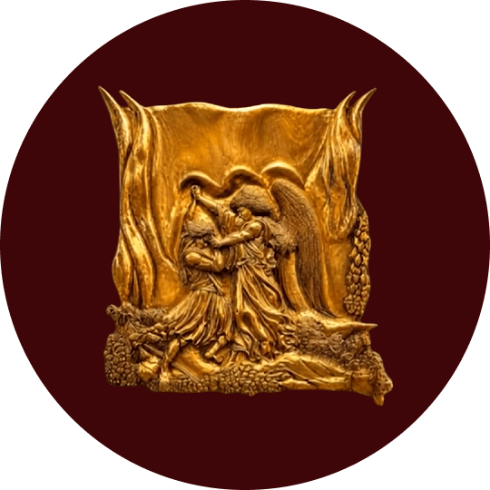 Gold leaf relief of Jacob wrestling with the angel by Amnon Moalem