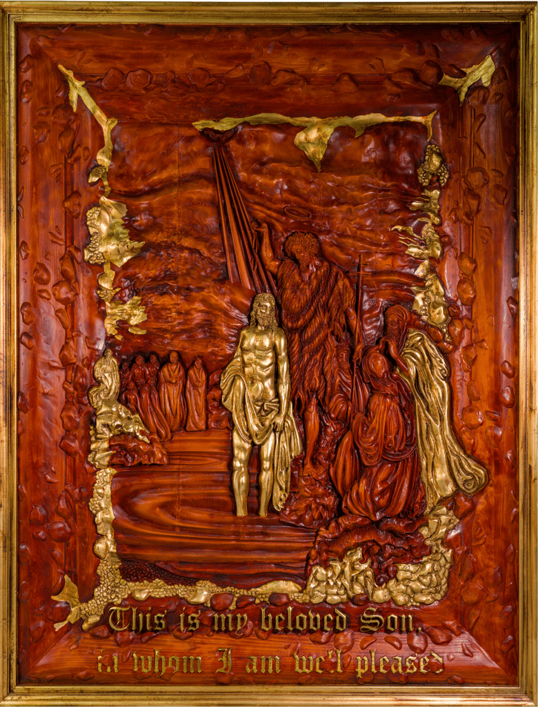The Baptism of Jesus by Amnon Moalem, Carved wood, selectively coated with 24 karat gold, and gold metallic leaves