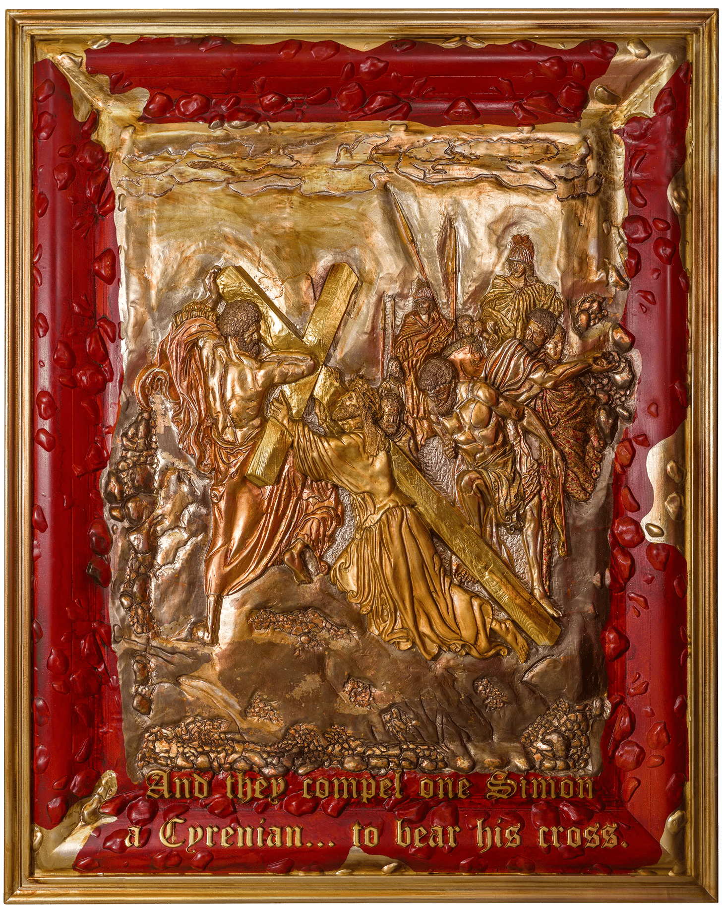 Jesus Falling Beneath the Cross — Metallic Version by Amnon Moalem, Carved wood and cast-epoxy