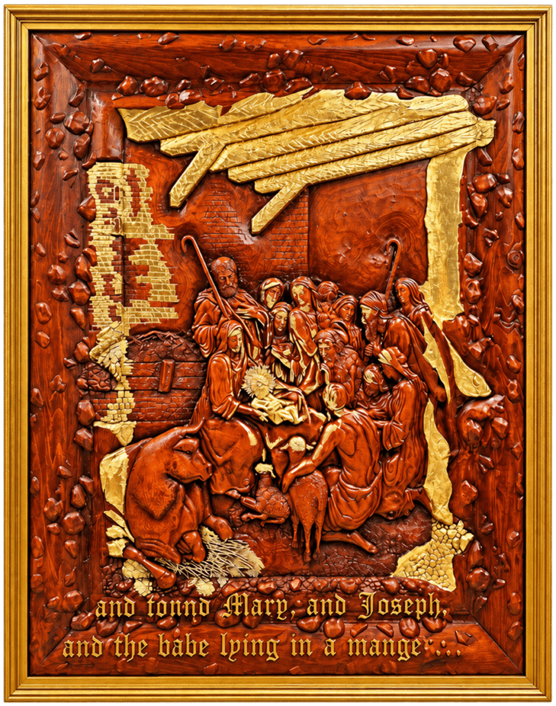 The Nativity by Amnon Moalem, Carved wood, selectively coated with 24 karat gold, and gold metallic leaves