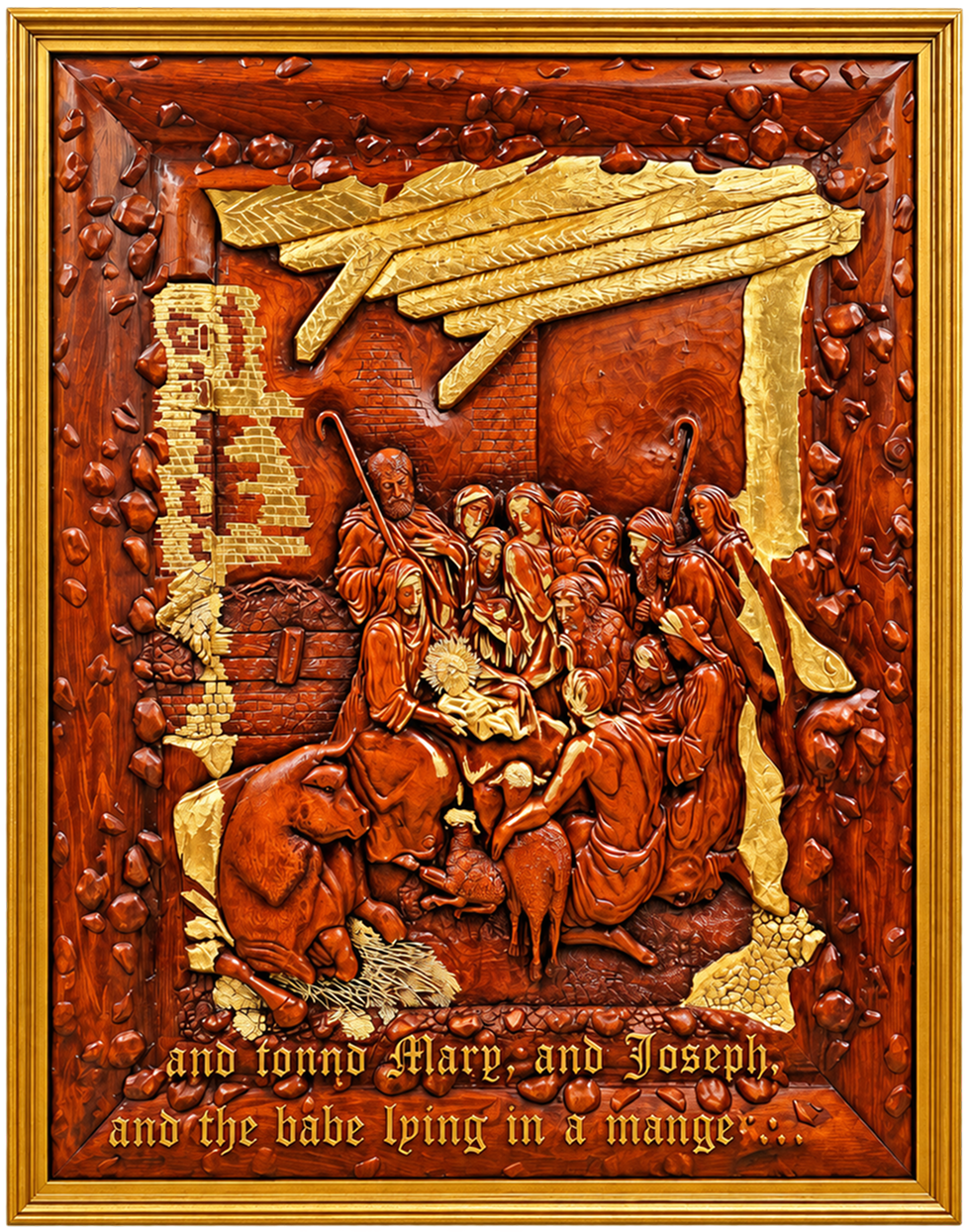 The Nativity by Amnon Moalem, Carved wood, selectively coated with 24 karat gold, and gold metallic leaves