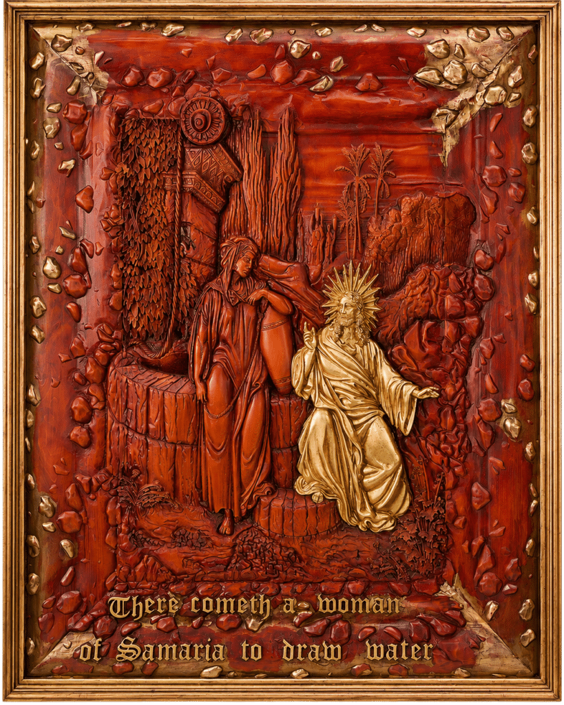 Jesus and the Woman of Samaria by Amnon Moalem, Carved wood