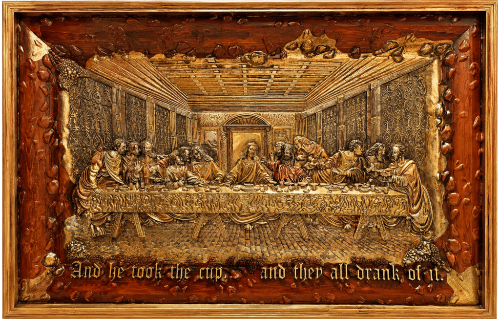 The Last Supper, Metallic Version, carved relief in gold leaf with a gilded frame