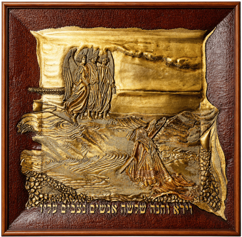 Abraham and the Three Angels, carved wood relief with gold metallic leaf
