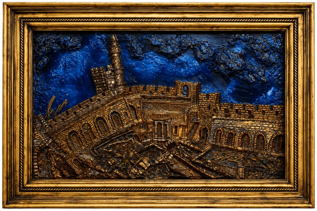 The Court of King David, illuminated cast-epoxy relief with a blue night sky