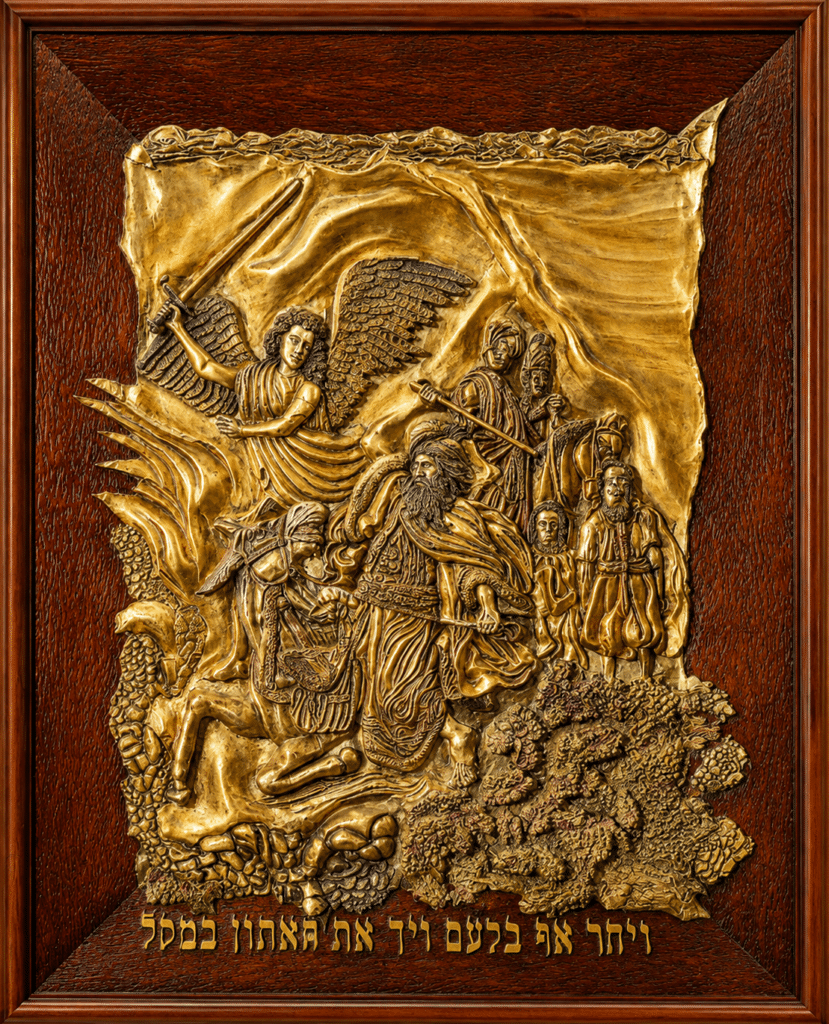 Balaam Beating the Donkey, carved wood relief with gold metallic leaf by Amnon Moalem