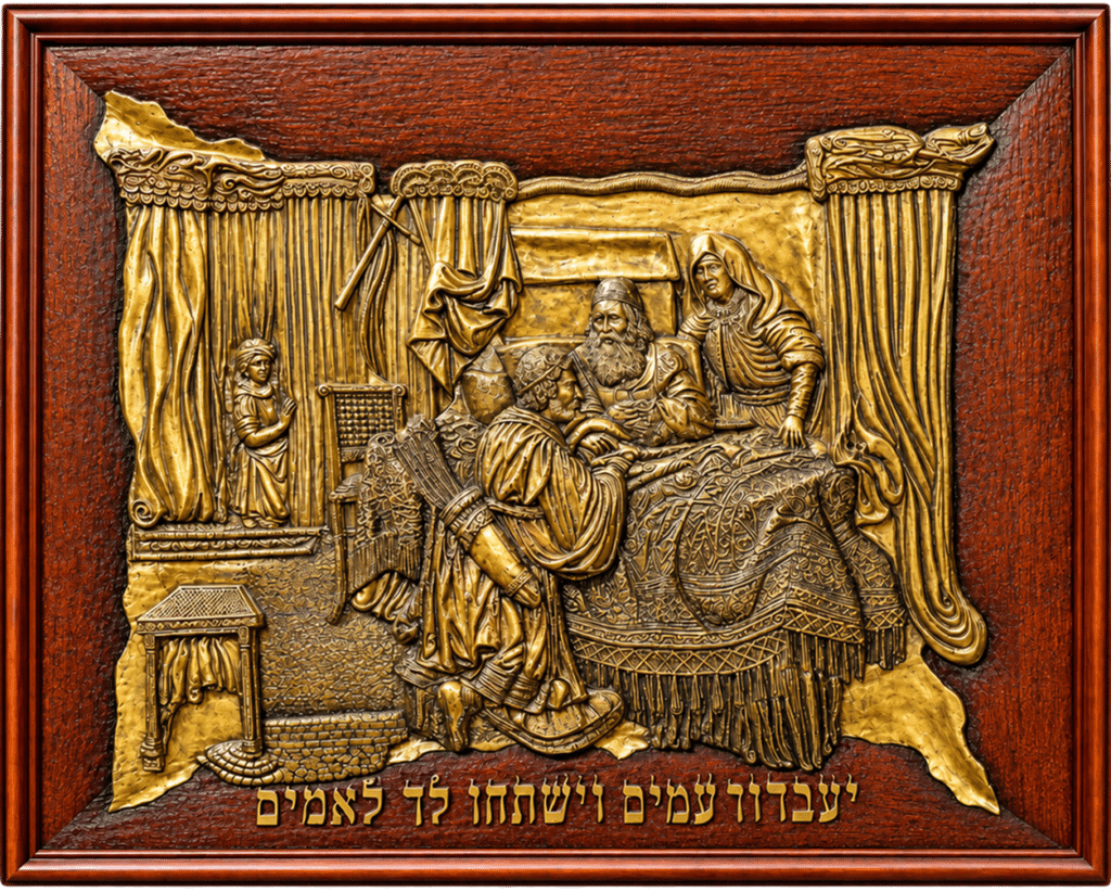 Isaac Blessing Jacob, carved wood relief with gold metallic leaf by Amnon Moalem