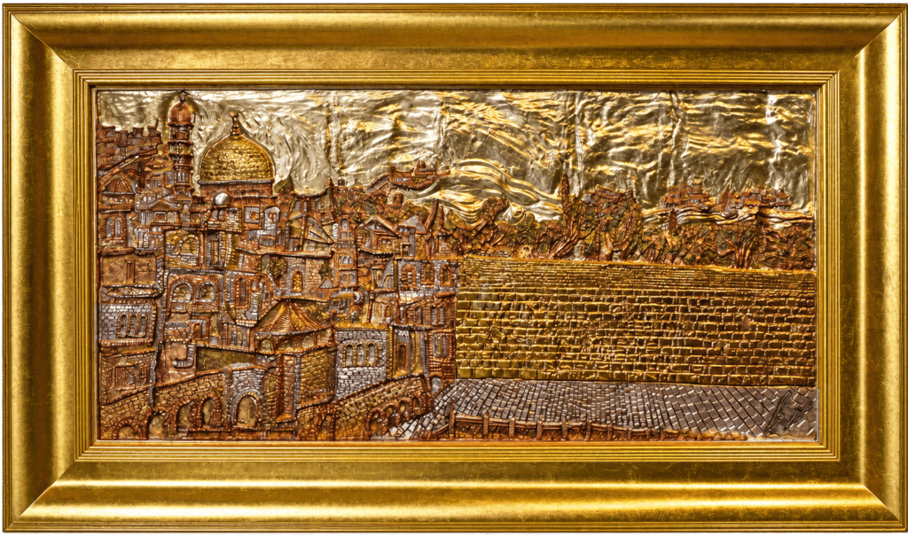 City of Gold, cast-epoxy Jerusalem relief in a gold frame by Amnon Moalem