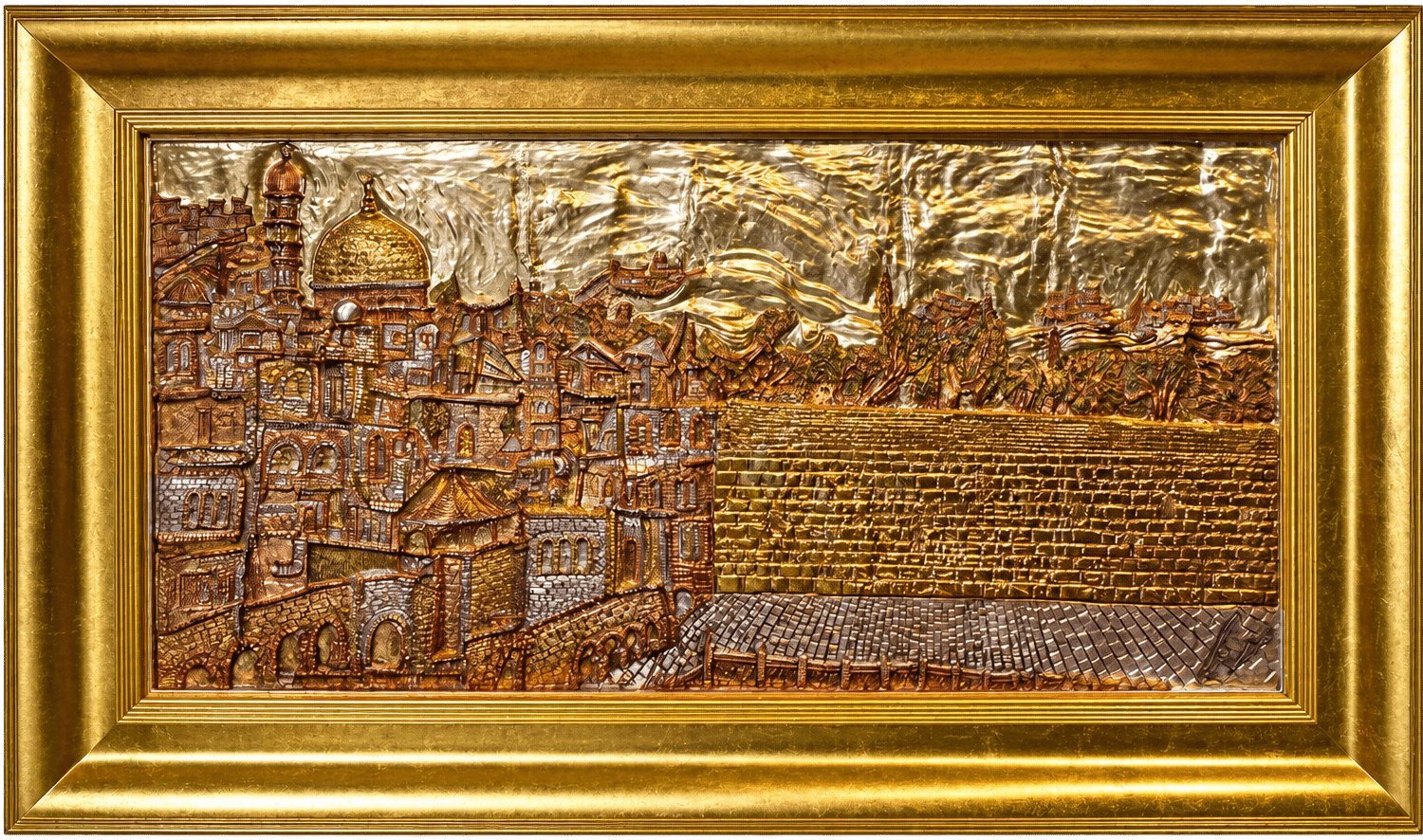 City of Gold, cast-epoxy Jerusalem relief in a gold frame by Amnon Moalem