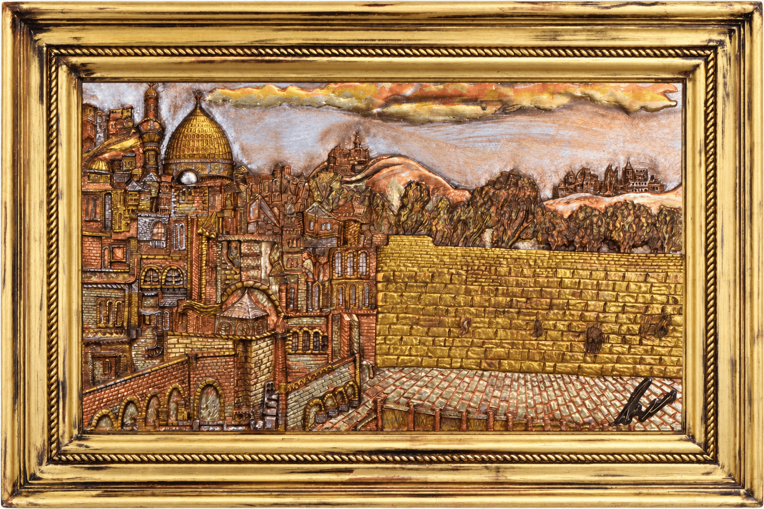 City of Gold II, cast-epoxy Jerusalem relief in gold, silver and copper leaf