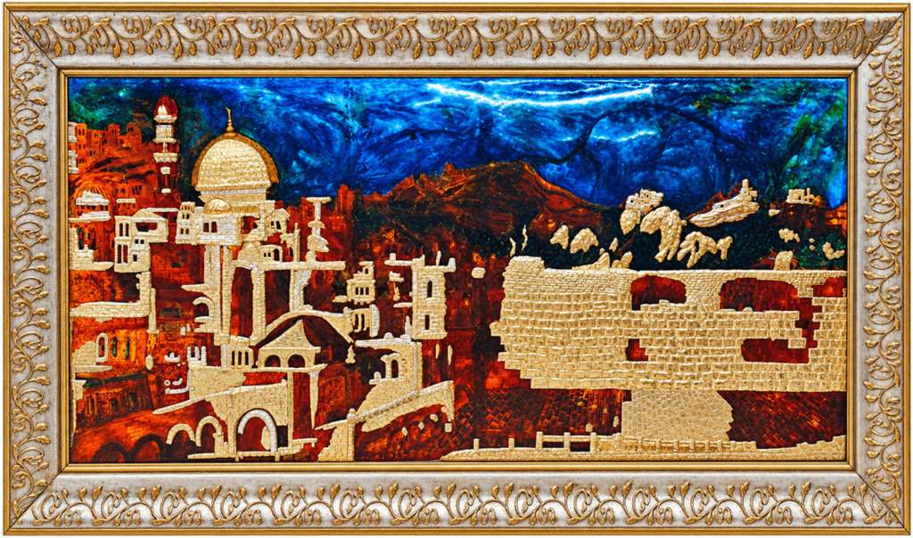 City of Light, colorful illuminated Jerusalem relief in a silver frame by Amnon Moalem