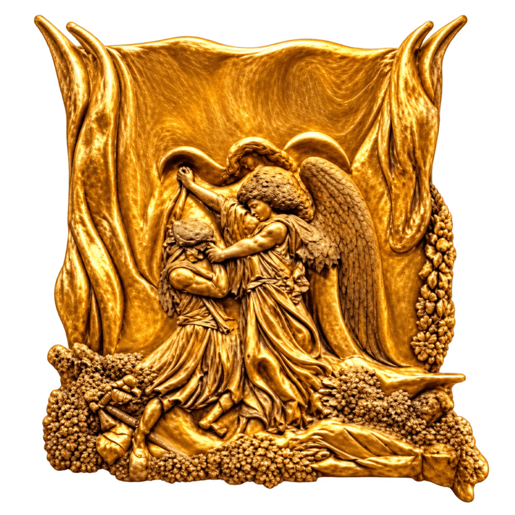 Jacob Wrestling with the Angel, Metallic Version, gold leaf relief by Amnon Moalem