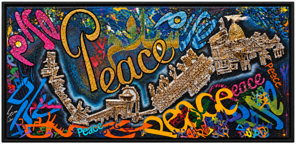 Pray for the Peace of Jerusalem, mixed media artwork with the word Peace