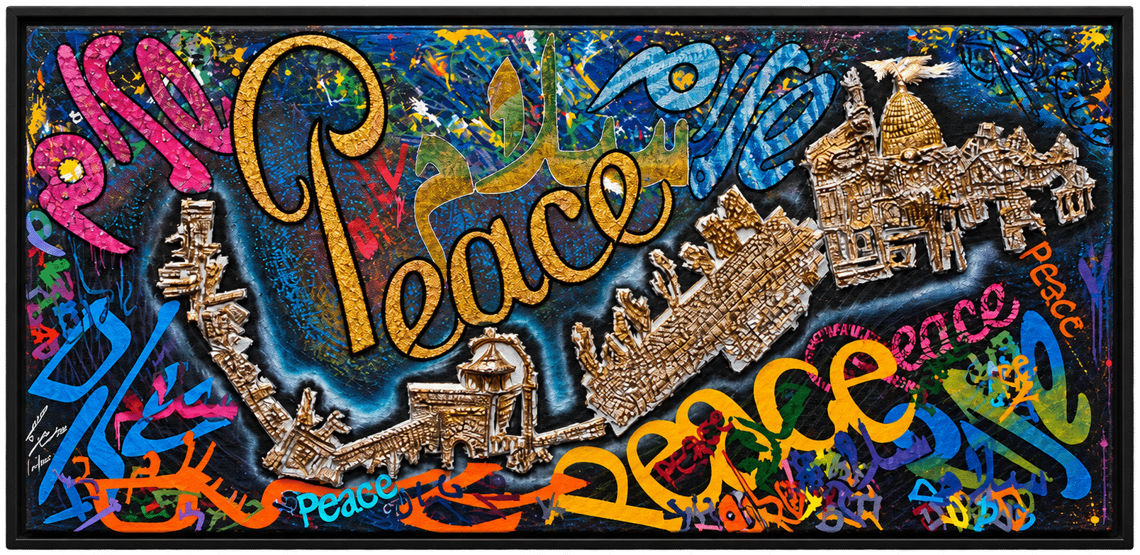 Pray for the Peace of Jerusalem, mixed media artwork with the word Peace