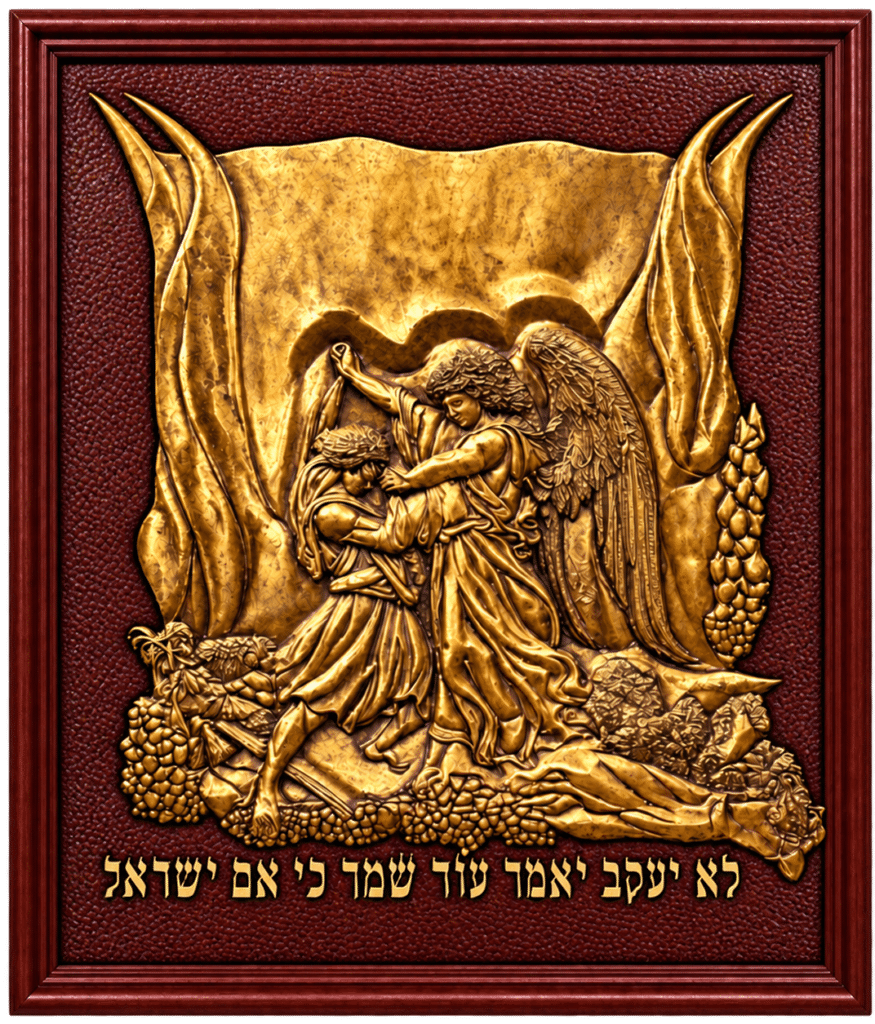 Jacob Wrestling with the Angel, carved wood relief with gold metallic leaf