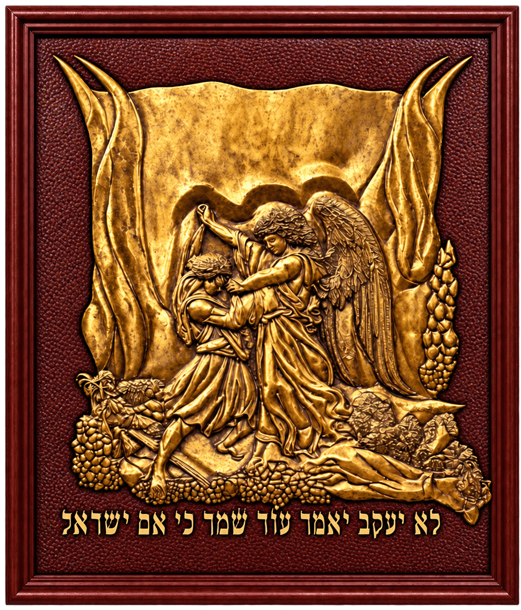Jacob Wrestling with the Angel, carved wood relief with gold metallic leaf
