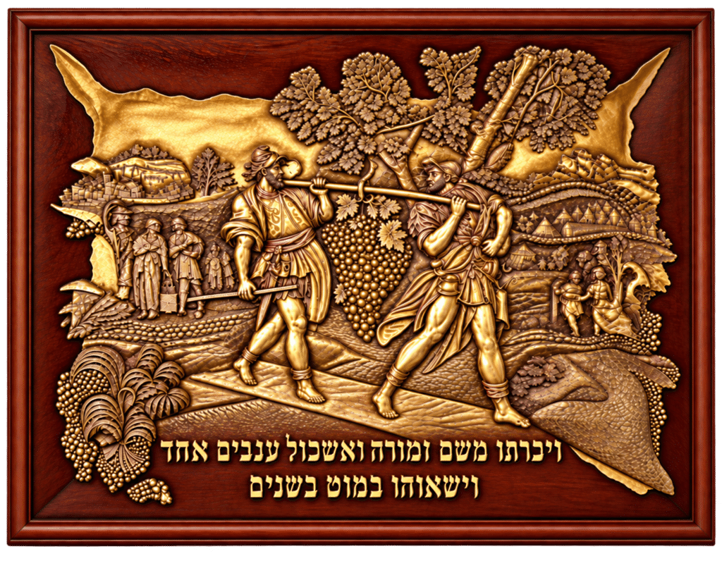 The Spies, carved wood relief with gold metallic leaf by Amnon Moalem