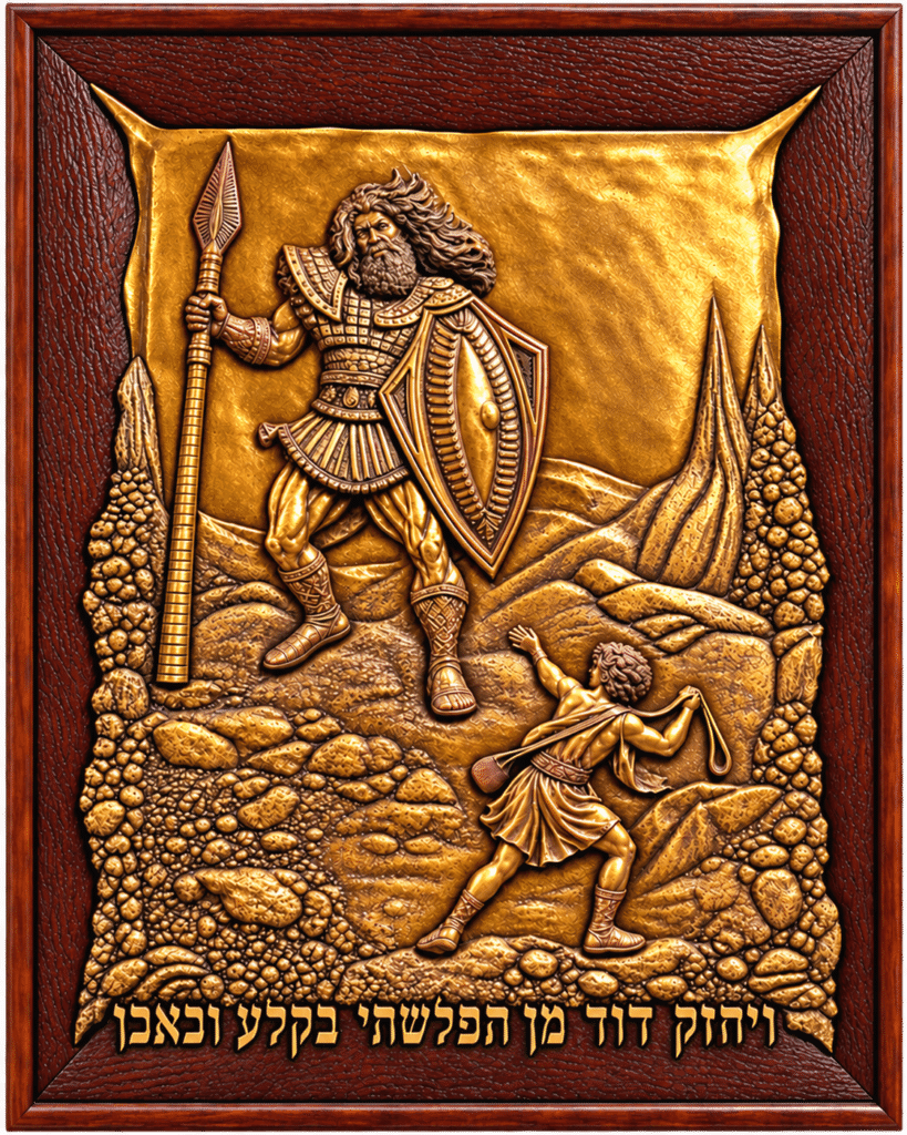 David and Goliath, carved wood relief with gold metallic leaf by Amnon Moalem