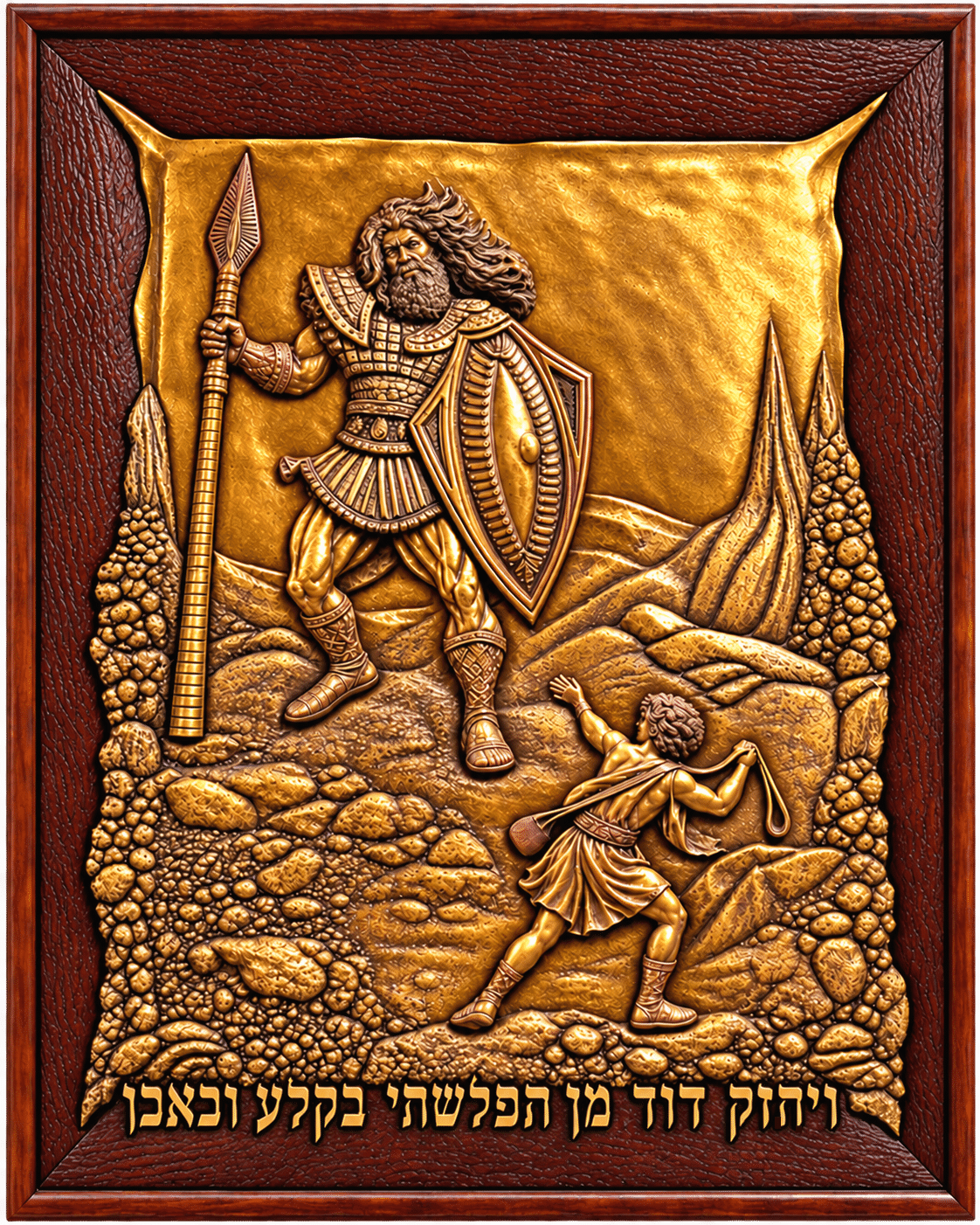 David and Goliath, carved wood relief with gold metallic leaf by Amnon Moalem