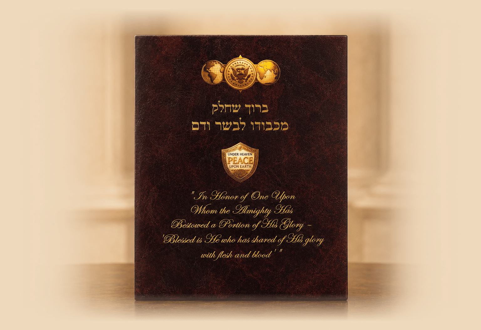 Presentation book with gold seal and lettering on a dark burgundy cover