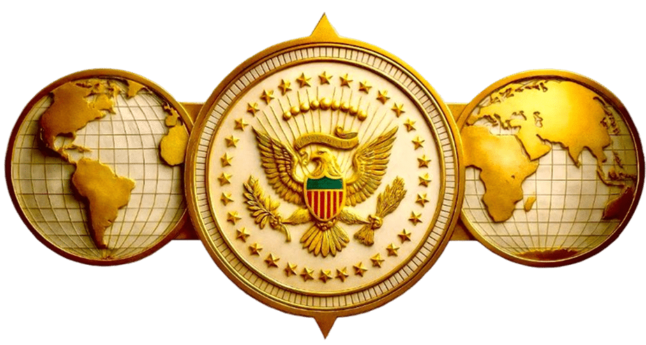 Gold emblem with a central seal flanked by two globes