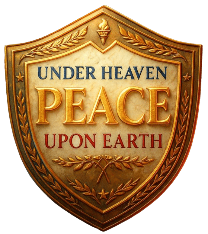 Shield emblem reading Under Heaven, Peace Upon Earth, in gold and cream