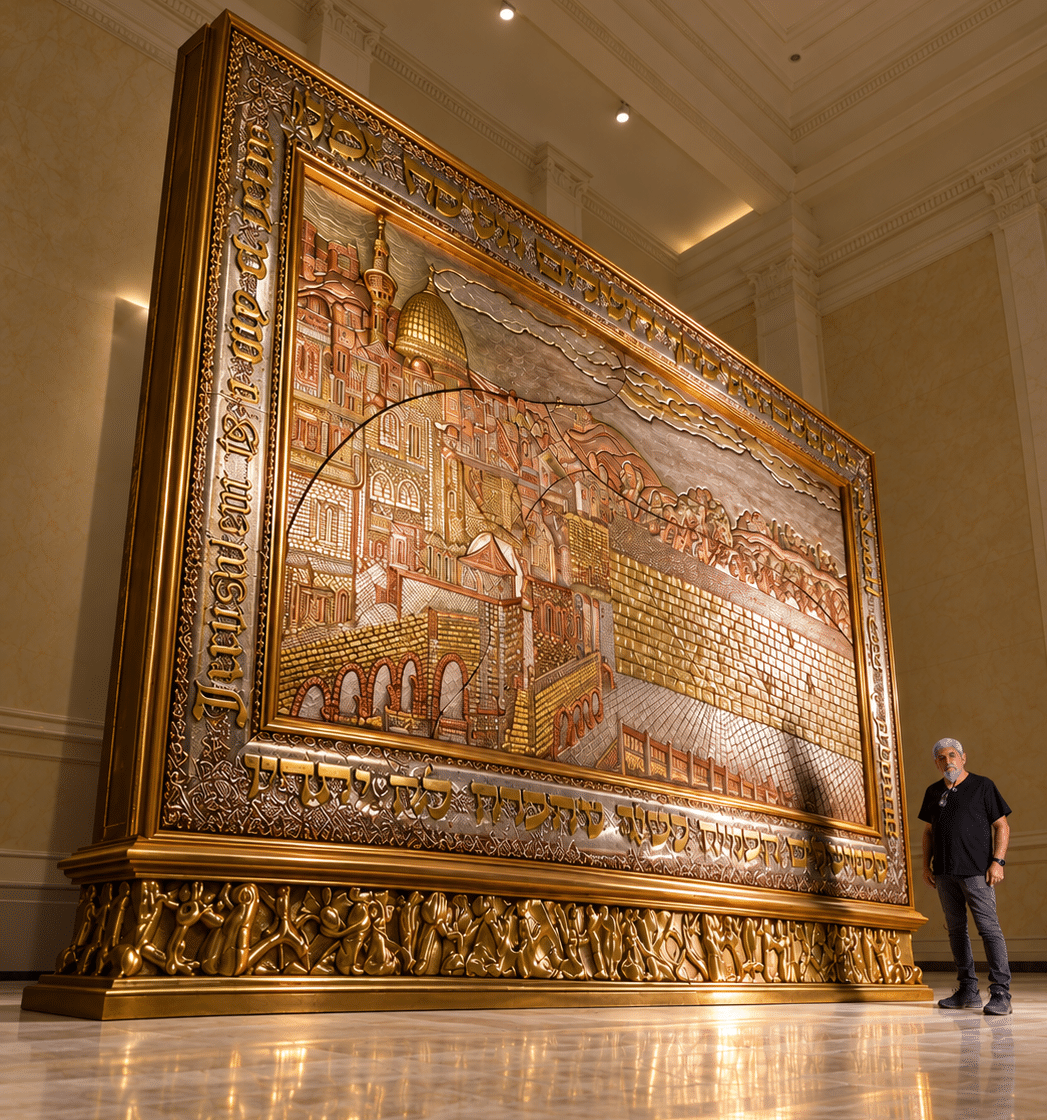The New Jerusalem Monument, gilded relief in a hall beside a standing man