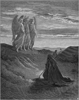 Abraham and the Three Angels, wood engraving by Gustave Doré