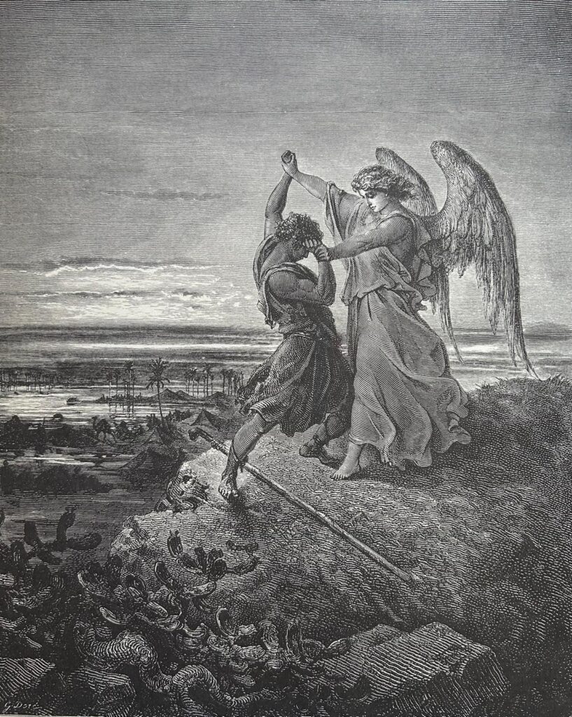 Jacob Wrestling with the Angel, engraving by Gustave Dore