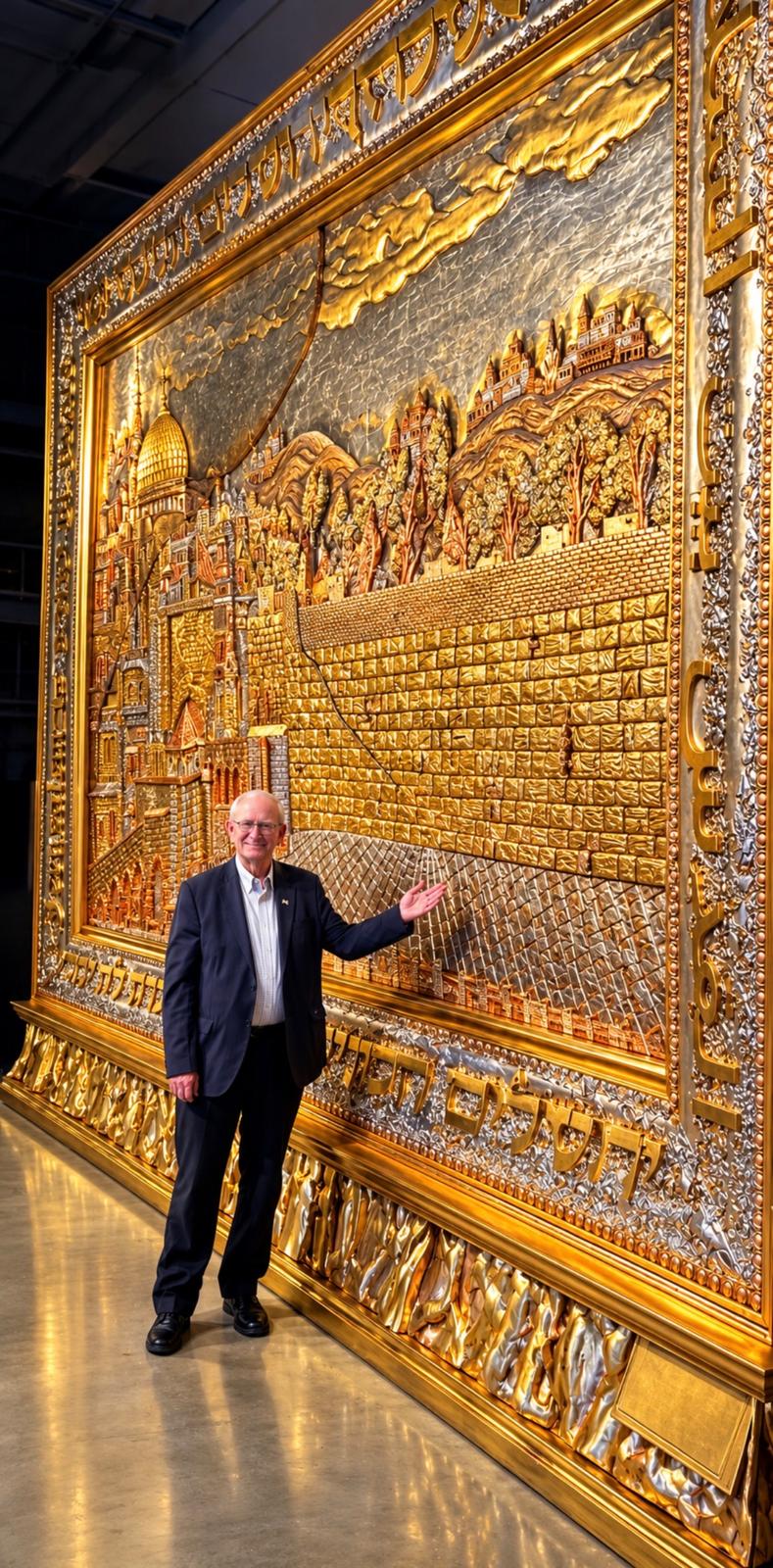 Visitor standing beside the gold relief of The New Jerusalem Monument