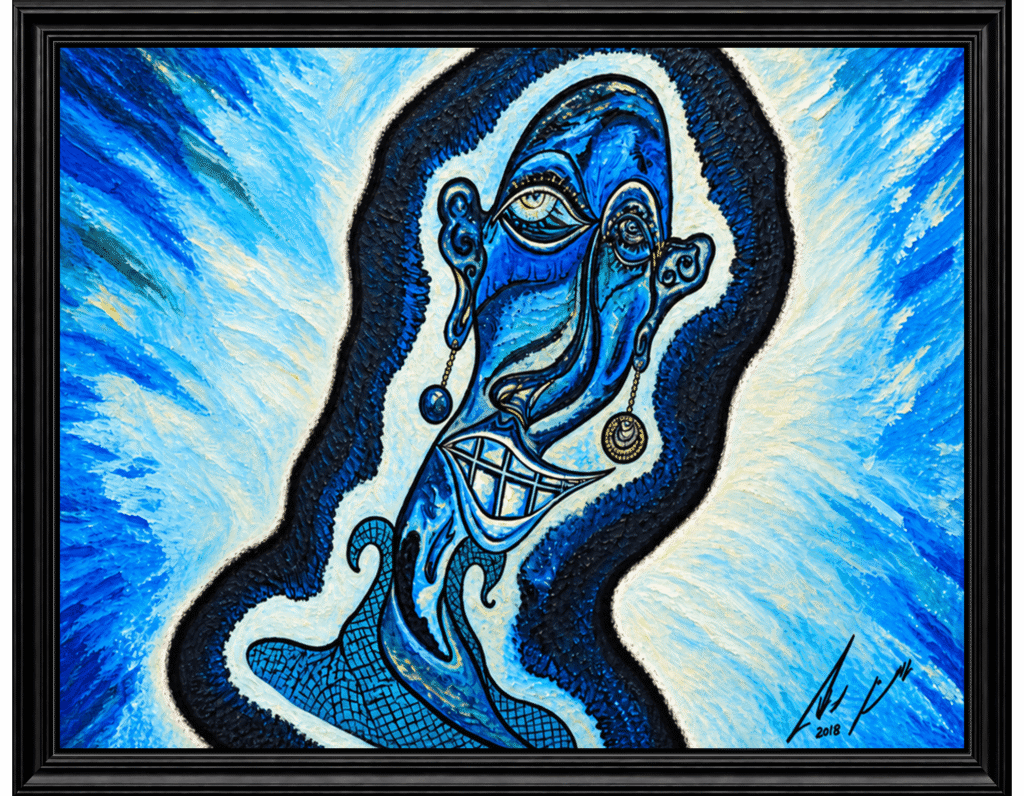 The Four Elements by Amnon Moalem, the blue panel: a face in deep blues against a radiating blue and white ground.
