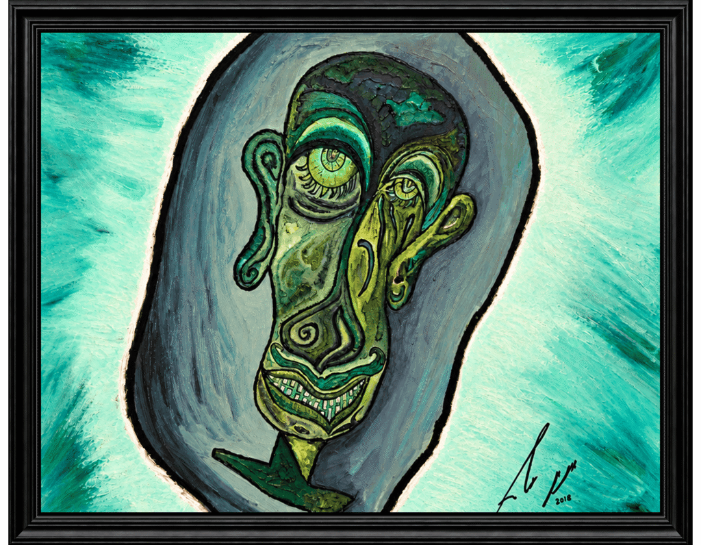 The Four Elements by Amnon Moalem, the green panel: a face in greens and grey against a turquoise ground.