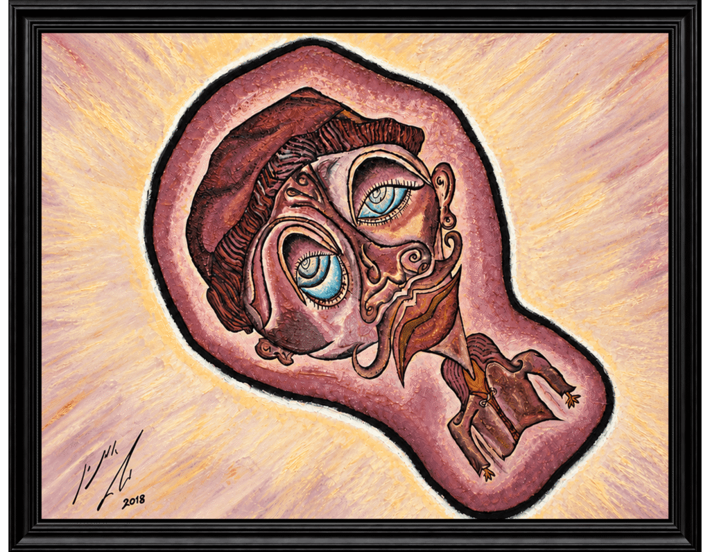 The Four Elements by Amnon Moalem, the rose panel: a reclining face in browns and rose against a warm peach ground.