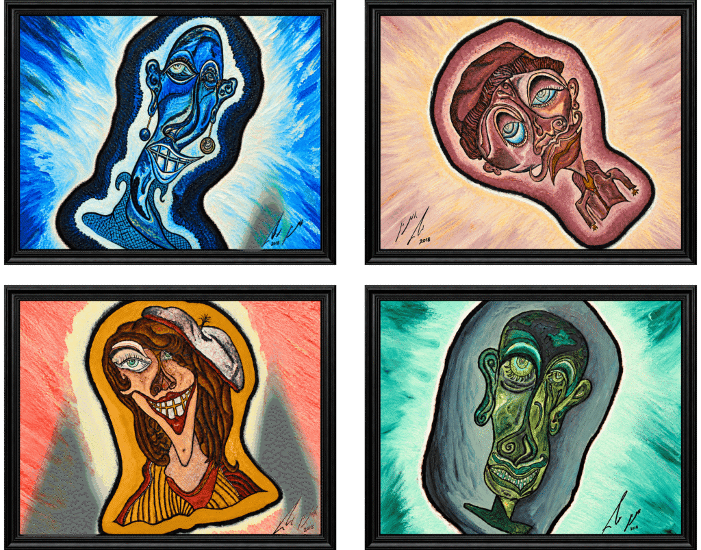 The Four Elements by Amnon Moalem, 2018: the four framed oil-on-glass panels shown together.