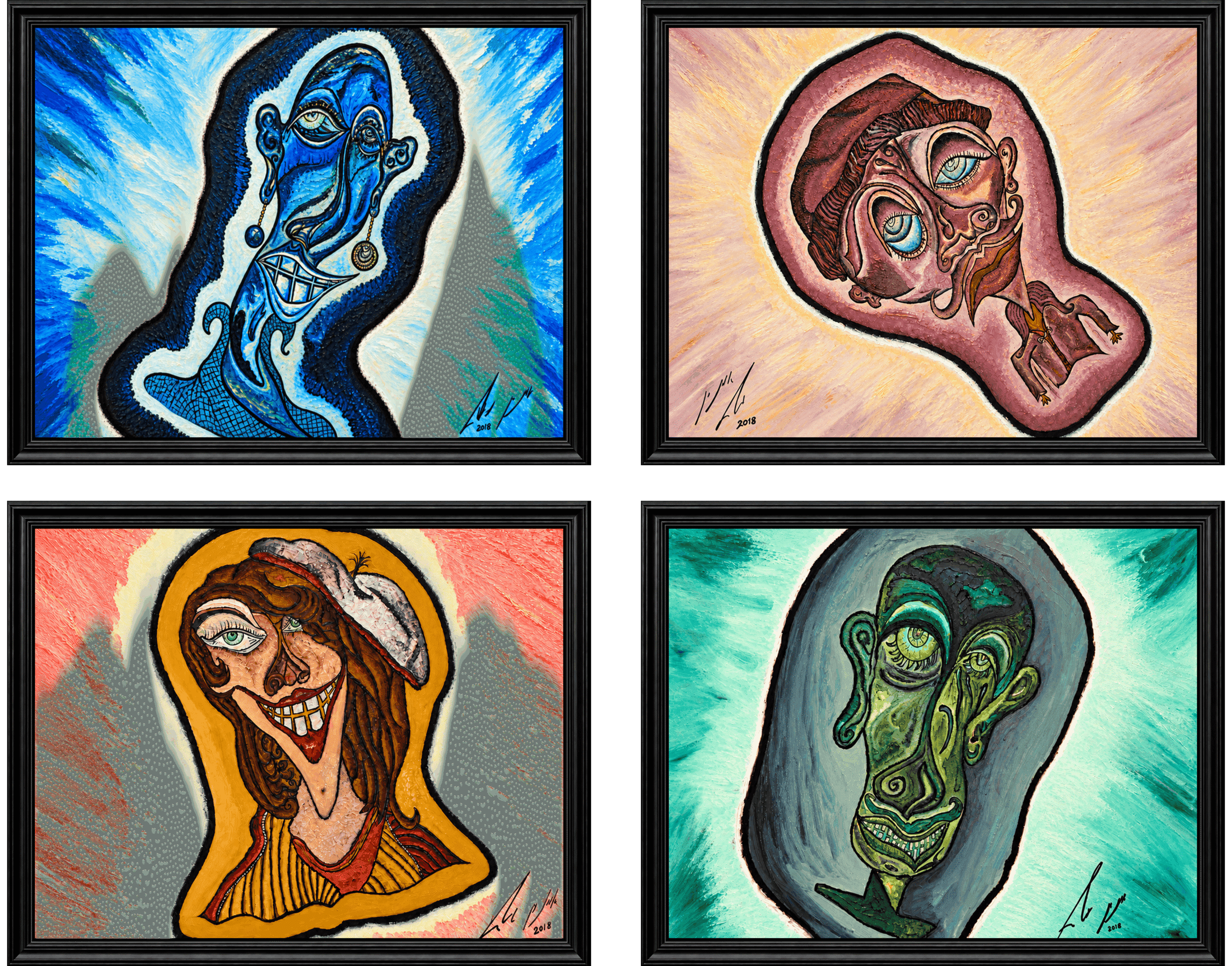 The Four Elements by Amnon Moalem, 2018: the four framed oil-on-glass panels shown together.