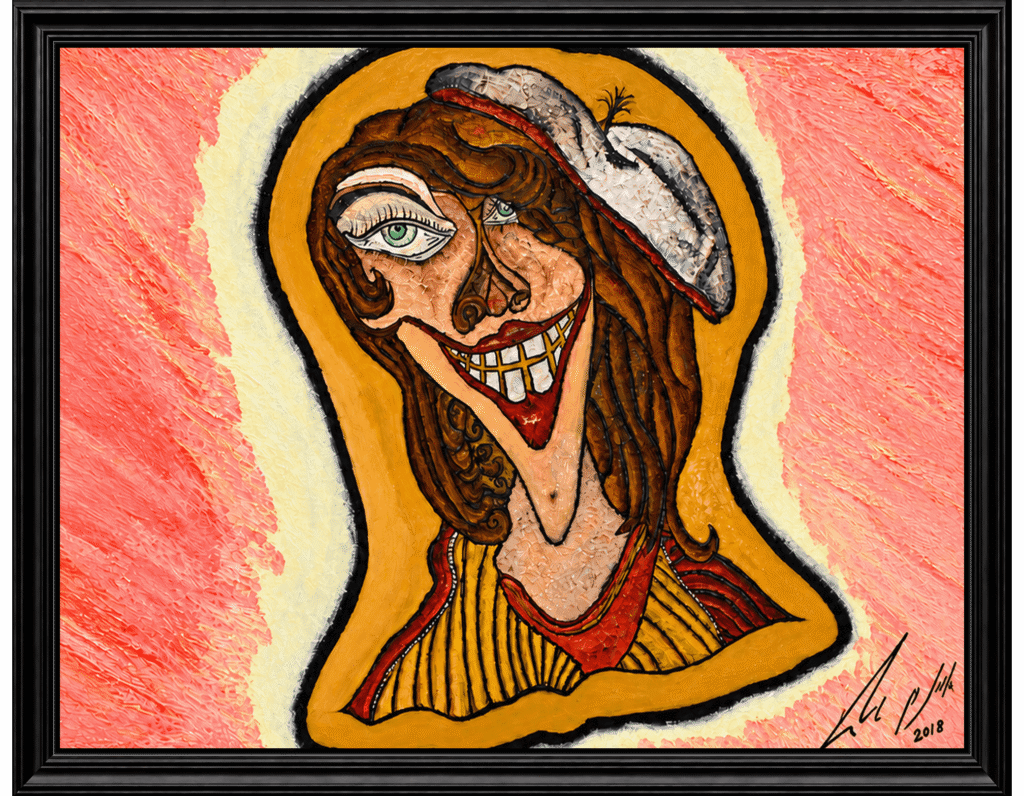 The Four Elements by Amnon Moalem, the yellow panel: a laughing face in gold and red against a coral ground.
